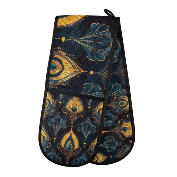 Yayeee Double Oven Mitt Kitchen Heat Resistant Baking 35" x7" Quilted Glove, Navy Blue Art Pattern