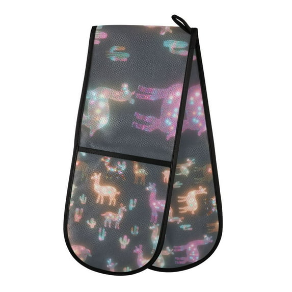 Yayeee Double Oven Mitt Kitchen Heat Resistant Baking 35" x7" Quilted Glove, Neon Llamas Pattern