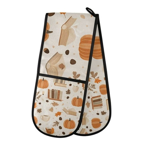 Yayeee Double Oven Mitt Kitchen Heat Resistant Baking 35" x7" Quilted Glove, Orange Fall Pumpkin