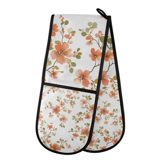 Yayeee Double Oven Mitt Kitchen Heat Resistant Baking 35" x7" Quilted Glove, Orange Floral Blooms
