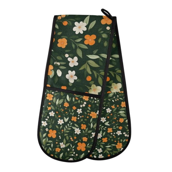 Yayeee Double Oven Mitt Kitchen Heat Resistant Baking 35" x7" Quilted Glove, Orange Flowers