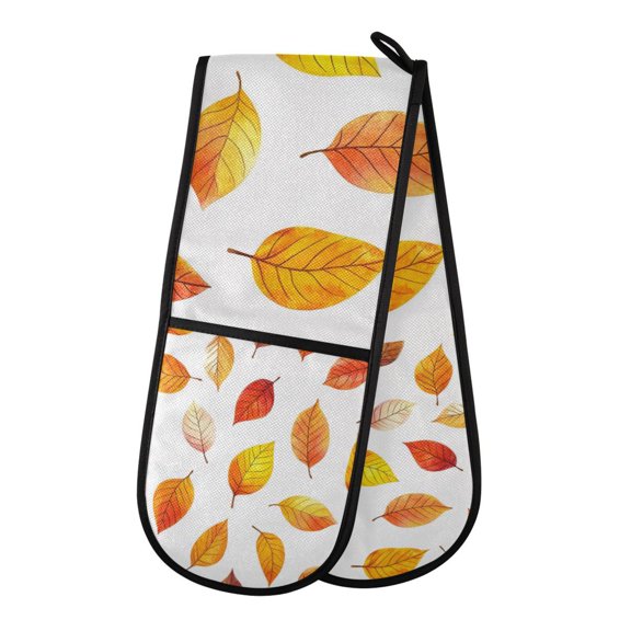 Yayeee Double Oven Mitt Kitchen Heat Resistant Baking 35" x7" Quilted Glove, Orange Leaves
