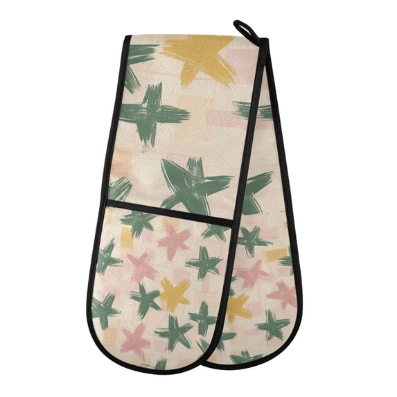 Yayeee Double Oven Mitt Kitchen Heat Resistant Baking 35" x7" Quilted Glove, Pastel Pink Stars