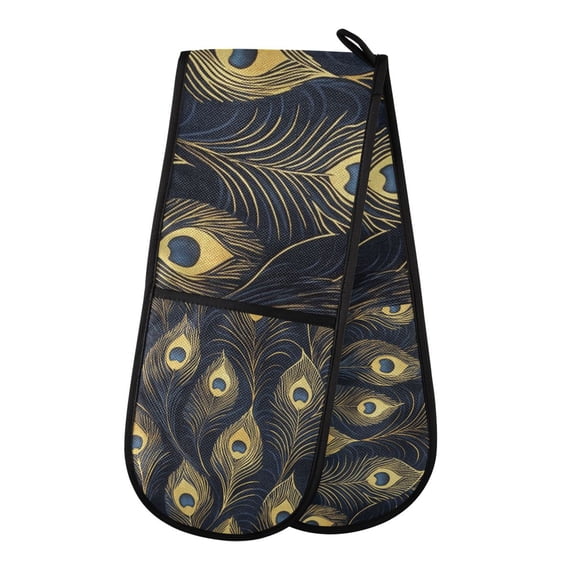 Yayeee Double Oven Mitt Kitchen Heat Resistant Baking 35" x7" Quilted Glove, Peacock Feathers Pattern
