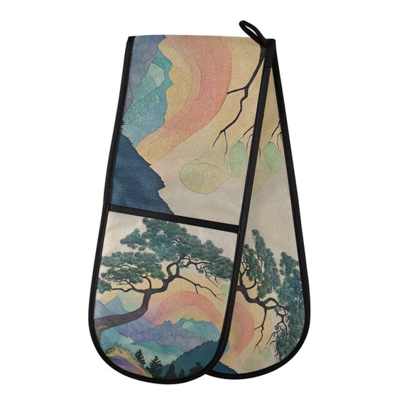 Yayeee Double Oven Mitt Kitchen Heat Resistant Baking 35" x7" Quilted Glove, Pine Tree Rainbow