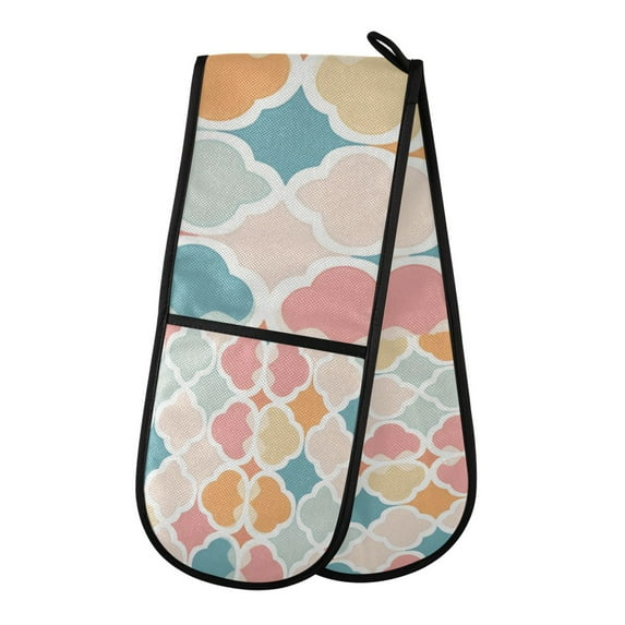 Yayeee Double Oven Mitt Kitchen Heat Resistant Baking 35" x7" Quilted Glove, Pink Abstract Pattern