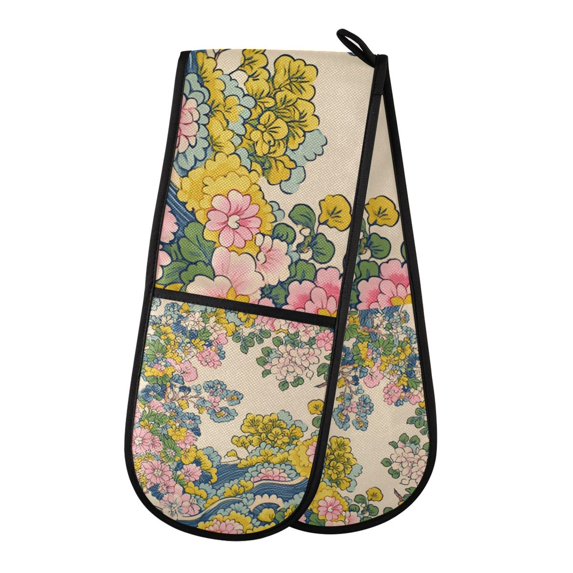 Yayeee Double Oven Mitt Kitchen Heat Resistant Baking 35" x7" Quilted Glove, Pink Floral Wave