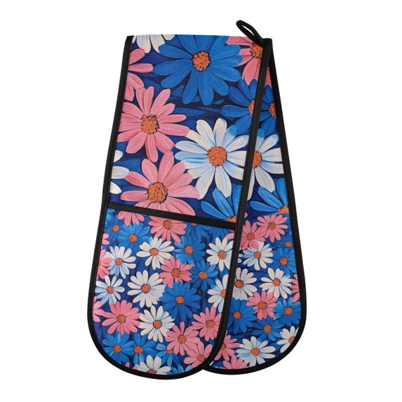 Yayeee Double Oven Mitt Kitchen Heat Resistant Baking 35" x7" Quilted Glove, Pink Flowers Pattern