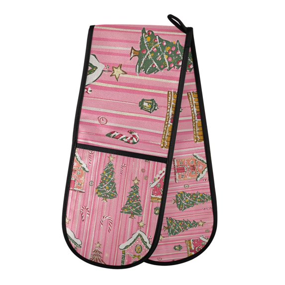 Yayeee Double Oven Mitt Kitchen Heat Resistant Baking 35" x7" Quilted Glove, Pink Gingerbread House
