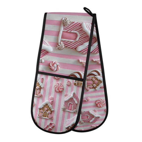 Yayeee Double Oven Mitt Kitchen Heat Resistant Baking 35" x7" Quilted Glove, Pink Gingerbread Houses