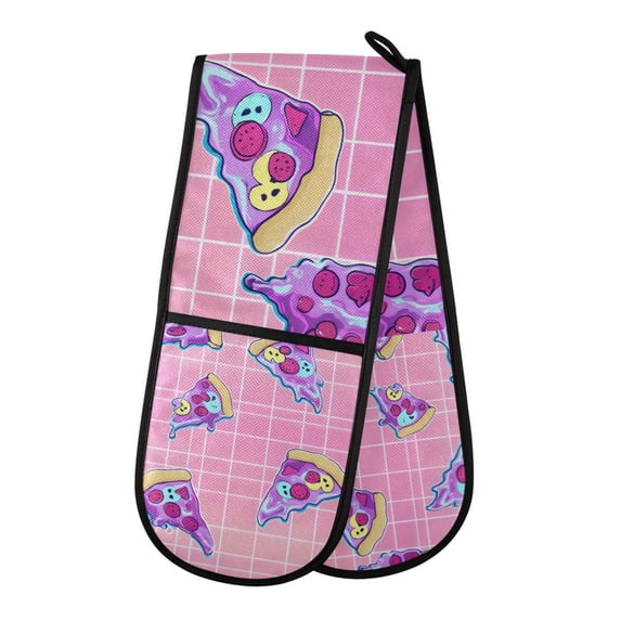 Yayeee Double Oven Mitt Kitchen Heat Resistant Baking 35" x7" Quilted Glove, Pink Neon Pizza Pattern