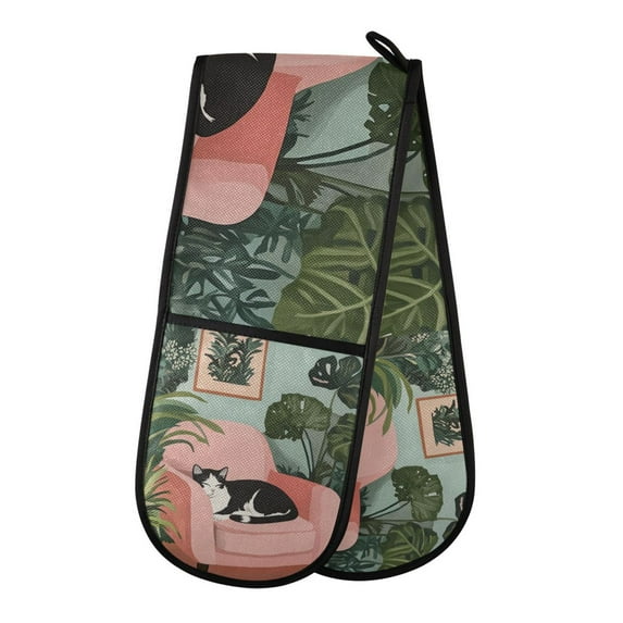 Yayeee Double Oven Mitt Kitchen Heat Resistant Baking 35" x7" Quilted Glove, Pink Sleeping Cat