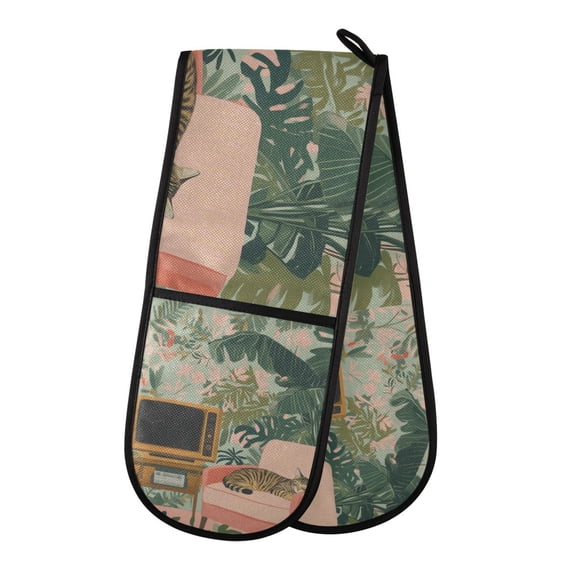 Yayeee Double Oven Mitt Kitchen Heat Resistant Baking 35" x7" Quilted Glove, Pink and Green Cat