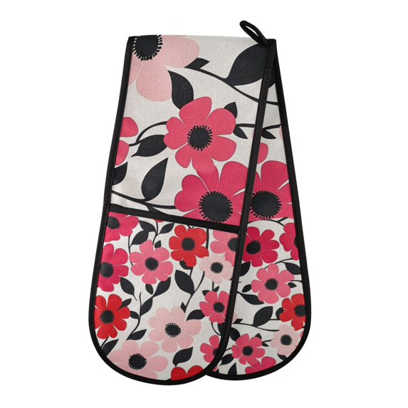 Yayeee Double Oven Mitt Kitchen Heat Resistant Baking 35" x7" Quilted Glove, Pink and Red Flowers