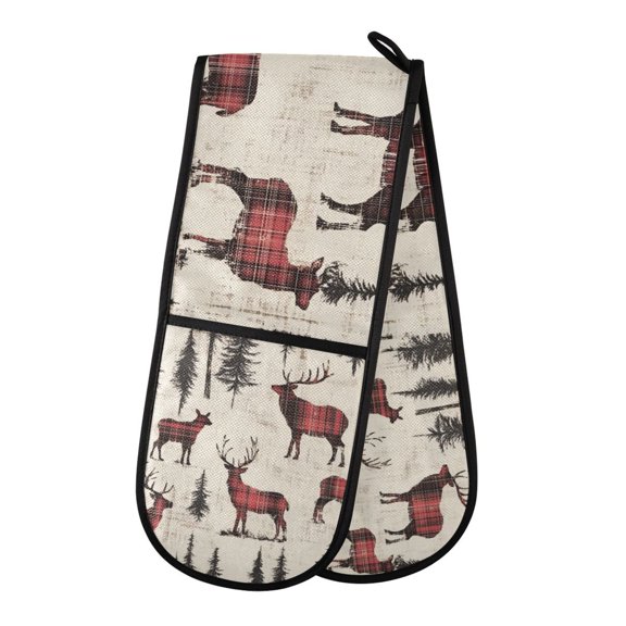 Yayeee Double Oven Mitt Kitchen Heat Resistant Baking 35" x7" Quilted Glove, Plaid Deer