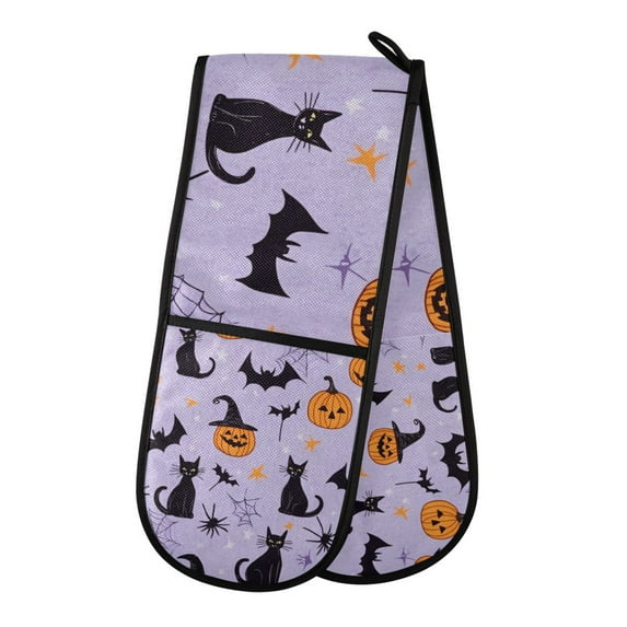 Yayeee Double Oven Mitt Kitchen Heat Resistant Baking 35" x7" Quilted Glove, Purple Halloween Pumpkin