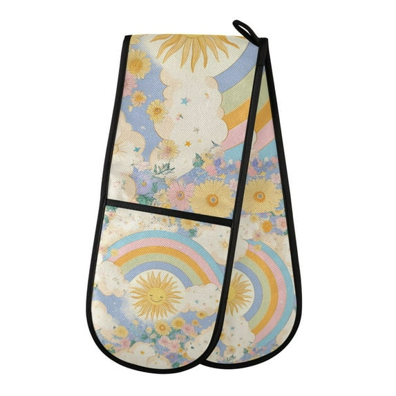 Yayeee Double Oven Mitt Kitchen Heat Resistant Baking 35" x7" Quilted Glove, Purple Rainbow Clouds