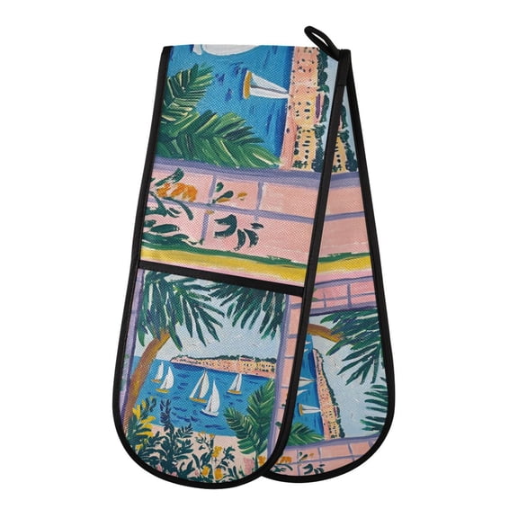 Yayeee Double Oven Mitt Kitchen Heat Resistant Baking 35" x7" Quilted Glove, Purple Seaside