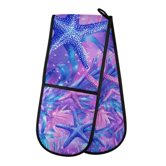 Yayeee Double Oven Mitt Kitchen Heat Resistant Baking 35" x7" Quilted Glove, Purple Starfish Pattern