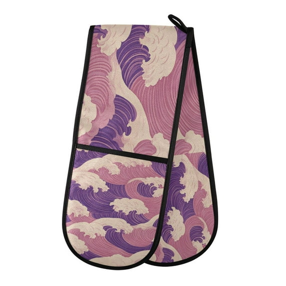 Yayeee Double Oven Mitt Kitchen Heat Resistant Baking 35" x7" Quilted Glove, Purple Wave Pattern