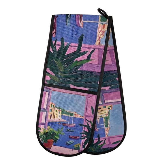 Yayeee Double Oven Mitt Kitchen Heat Resistant Baking 35" x7" Quilted Glove, Purple Window Scene