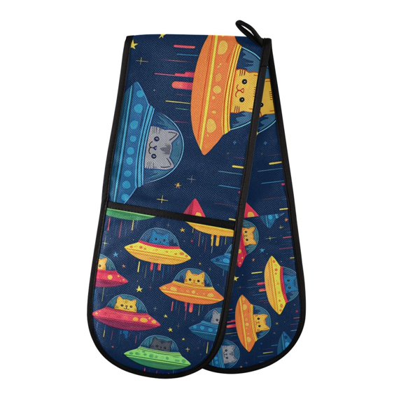 Yayeee Double Oven Mitt Kitchen Heat Resistant Baking 35" x7" Quilted Glove, Rainbow Space Cat