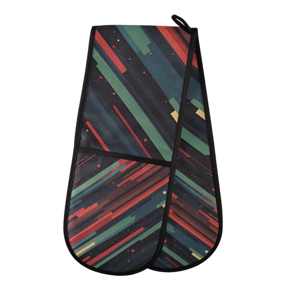 Yayeee Double Oven Mitt Kitchen Heat Resistant Baking 35" x7" Quilted Glove, Red Abstract Lines