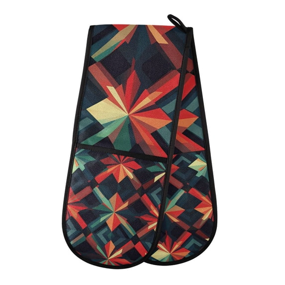 Yayeee Double Oven Mitt Kitchen Heat Resistant Baking 35" x7" Quilted Glove, Red Abstract