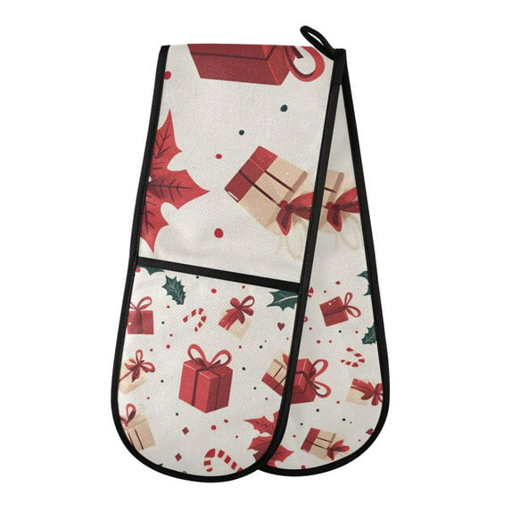 Yayeee Double Oven Mitt Kitchen Heat Resistant Baking 35" x7" Quilted Glove, Red Christmas Gift Pattern