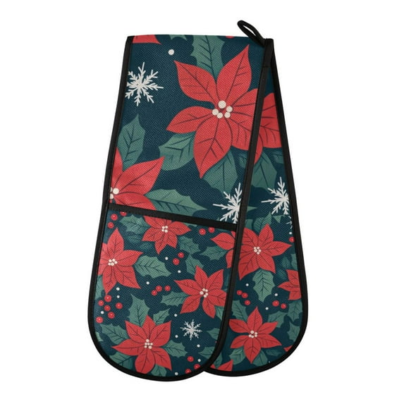 Yayeee Double Oven Mitt Kitchen Heat Resistant Baking 35" x7" Quilted Glove, Red Christmas Leaves