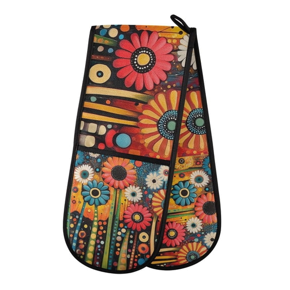 Yayeee Double Oven Mitt Kitchen Heat Resistant Baking 35" x7" Quilted Glove, Red Colorful Flowers with Dots