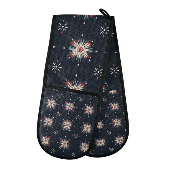 Yayeee Double Oven Mitt Kitchen Heat Resistant Baking 35" x7" Quilted Glove, Red Fireworks Pattern
