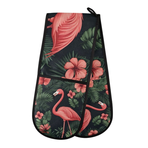 Yayeee Double Oven Mitt Kitchen Heat Resistant Baking 35" x7" Quilted Glove, Red Flamingo Pattern