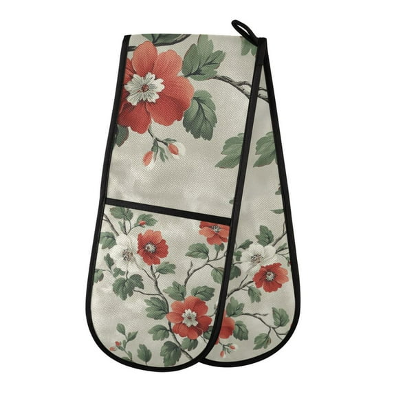 Yayeee Double Oven Mitt Kitchen Heat Resistant Baking 35" x7" Quilted Glove, Red Floral Pattern