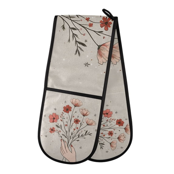 Yayeee Double Oven Mitt Kitchen Heat Resistant Baking 35" x7" Quilted Glove, Red Flower