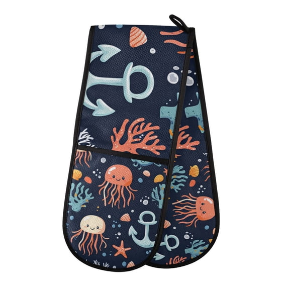 Yayeee Double Oven Mitt Kitchen Heat Resistant Baking 35" x7" Quilted Glove, Red Jellyfish