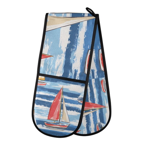 Yayeee Double Oven Mitt Kitchen Heat Resistant Baking 35" x7" Quilted Glove, Red Sailboats