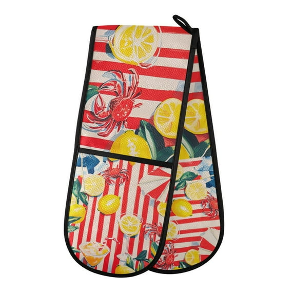 Yayeee Double Oven Mitt Kitchen Heat Resistant Baking 35" x7" Quilted Glove, Red Striped Lemon
