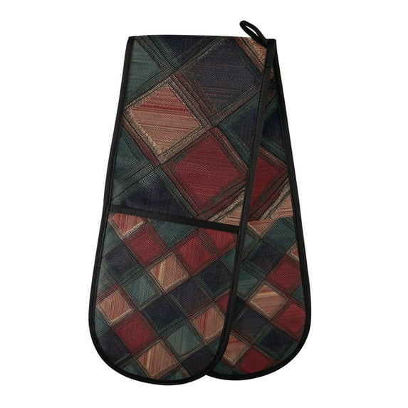 Yayeee Double Oven Mitt Kitchen Heat Resistant Baking 35" x7" Quilted Glove, Red Tartan Pattern