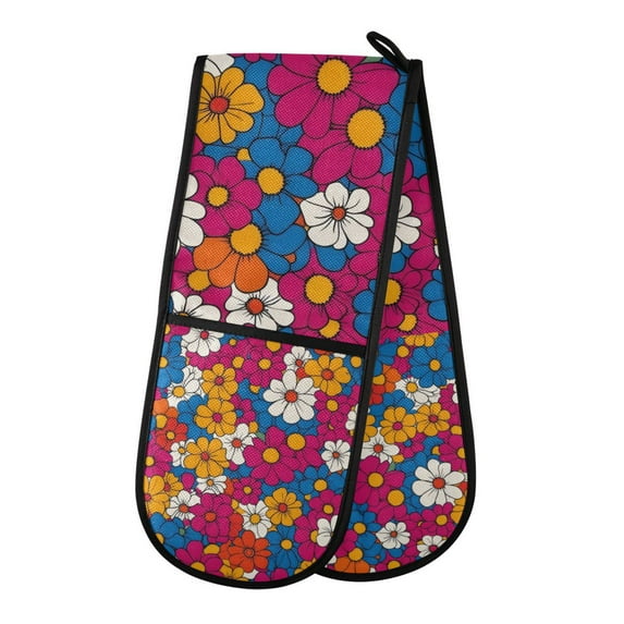 Yayeee Double Oven Mitt Kitchen Heat Resistant Baking 35" x7" Quilted Glove, Red Whimsical Floral
