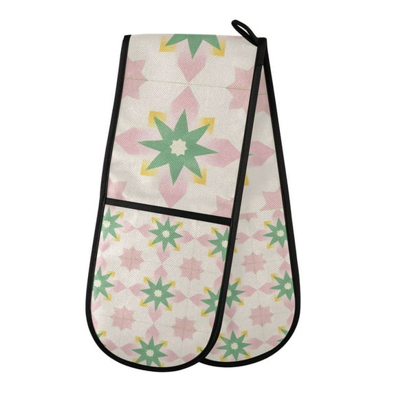 Yayeee Double Oven Mitt Kitchen Heat Resistant Baking 35" x7" Quilted Glove, Retro Green Stars