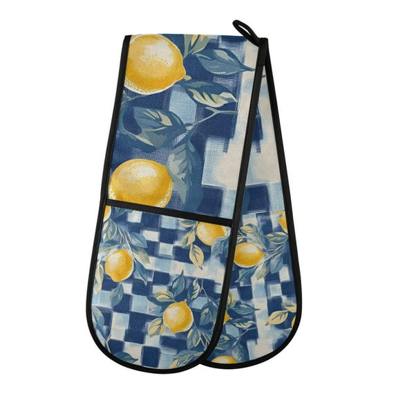 Yayeee Double Oven Mitt Kitchen Heat Resistant Baking 35" x7" Quilted Glove, Retro Plaid Lemon