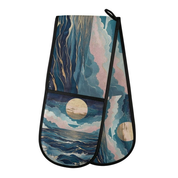 Yayeee Double Oven Mitt Kitchen Heat Resistant Baking 35" x7" Quilted Glove, Rolling Waves