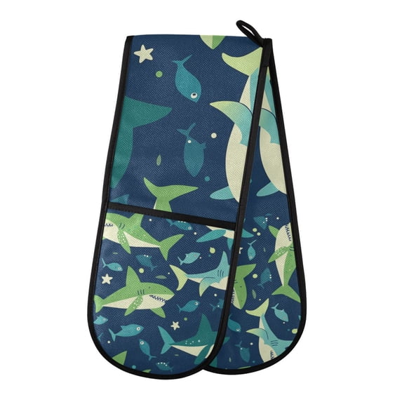 Yayeee Double Oven Mitt Kitchen Heat Resistant Baking 35" x7" Quilted Glove, Sharks Pattern