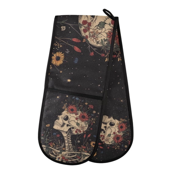 Yayeee Double Oven Mitt Kitchen Heat Resistant Baking 35" x7" Quilted Glove, Skeleton with Flowers Pattern