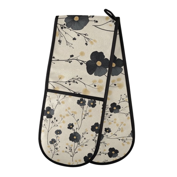 Yayeee Double Oven Mitt Kitchen Heat Resistant Baking 35" x7" Quilted Glove, Small Black Flowers