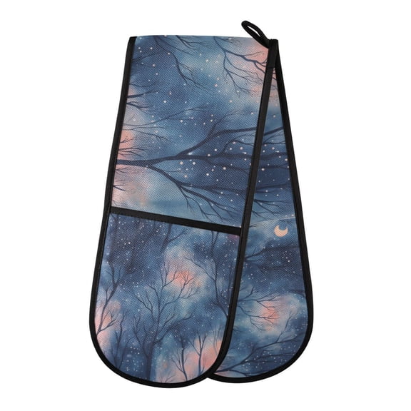 Yayeee Double Oven Mitt Kitchen Heat Resistant Baking 35" x7" Quilted Glove, Trees in The Night