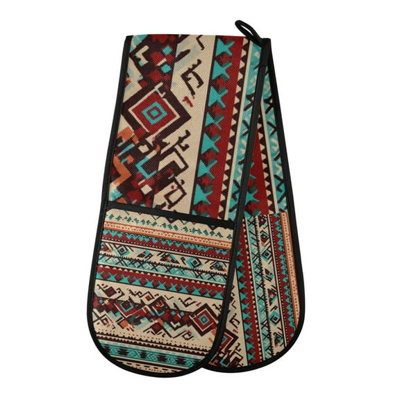 Yayeee Double Oven Mitt Kitchen Heat Resistant Baking 35" x7" Quilted Glove, Tribal Art
