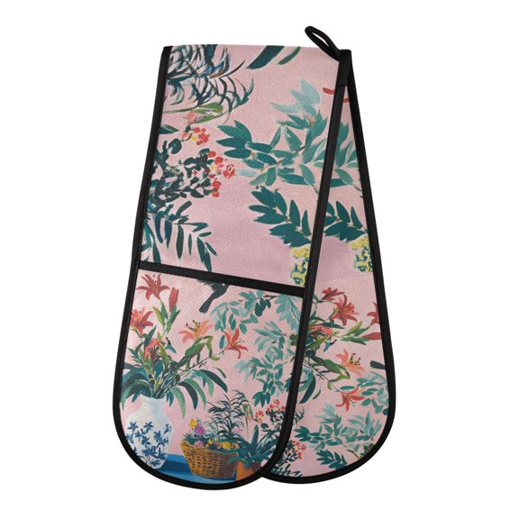 Yayeee Double Oven Mitt Kitchen Heat Resistant Baking 35" x7" Quilted Glove, Vibrant Flowers