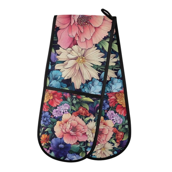 Yayeee Double Oven Mitt Kitchen Heat Resistant Baking 35" x7" Quilted Glove, Vibrant Pink Floral Pattern